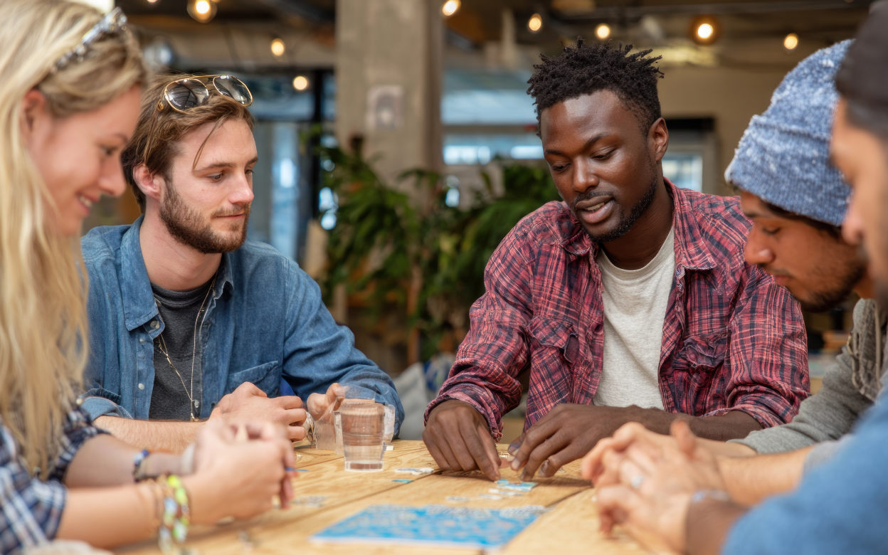 A table of people playing cards in a cafe