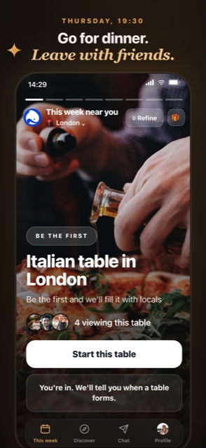 KF.Social This Week screen: an Italian table in London on Thursday at 19:30