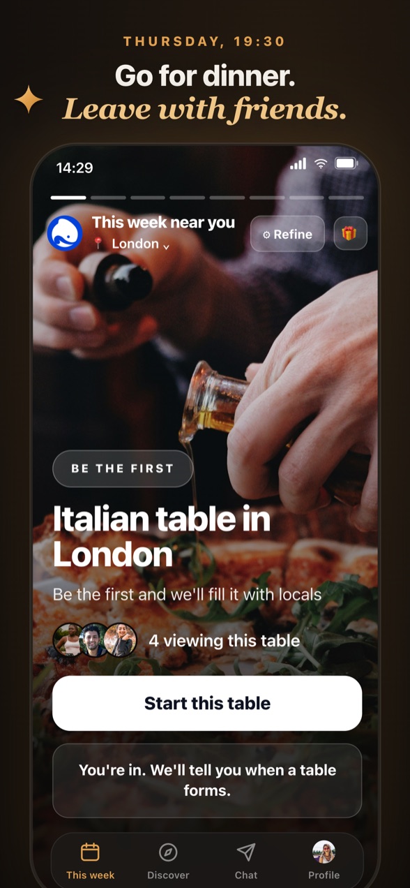 The KF.Social app showing an Italian table forming in London this week