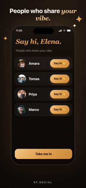 KF.Social Say hi screen: people near you who share your vibe