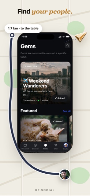 KF.Social Gems screen: discover communities near you