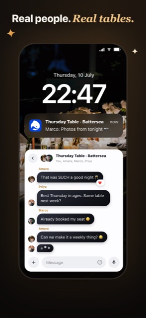 A lock screen at 22:47 after a KF.Social dinner: real people, real tables